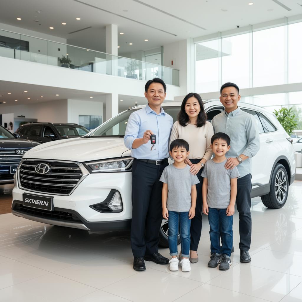 Asian family purchasing a new family SUV at dealership