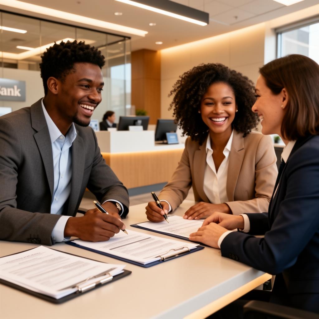 Young couple receiving business loan funding at the bank