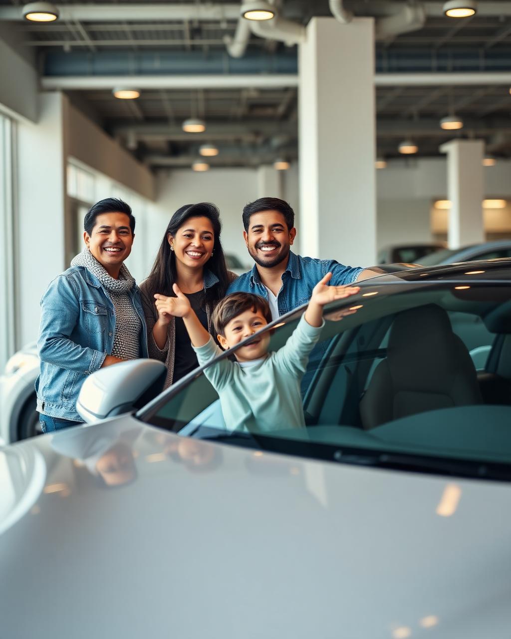 Hispanic family purchasing a new family sedan